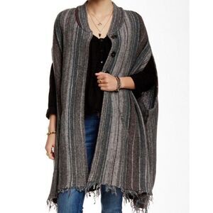 Free People Wool Women’s XS/S Cardigan Striped Blanket Poncho With Fringe & Pock